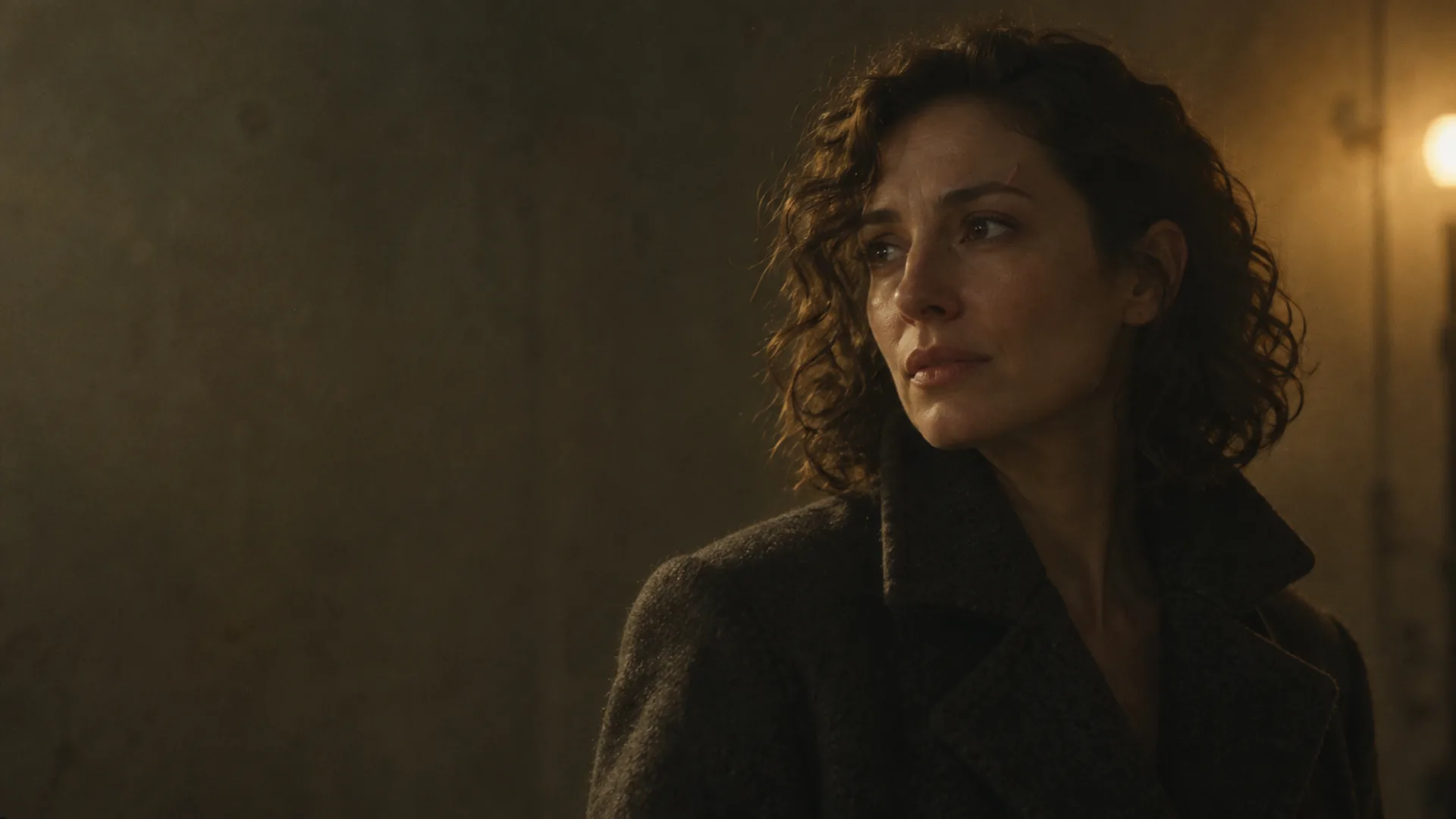 Half-body film still of a woman in a charcoal coat lit by a soft key from camera left