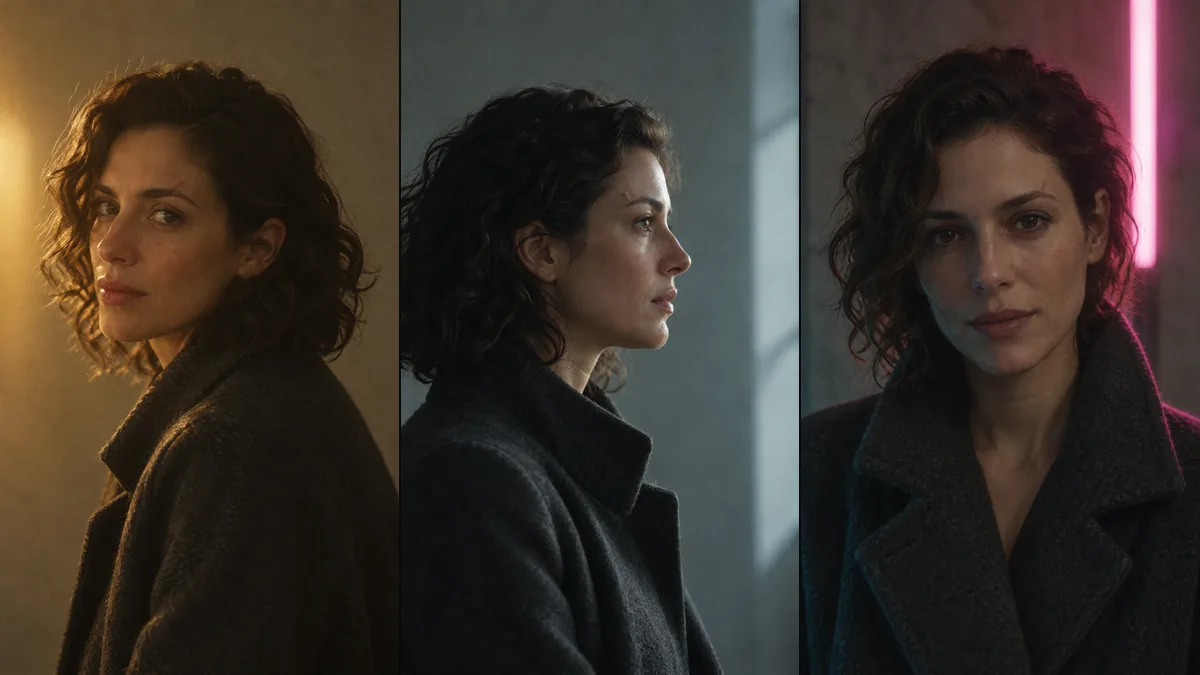 Three frames of the same woman in a charcoal coat: three-quarter in warm light, right profile in cold light, close frontal with neon rim