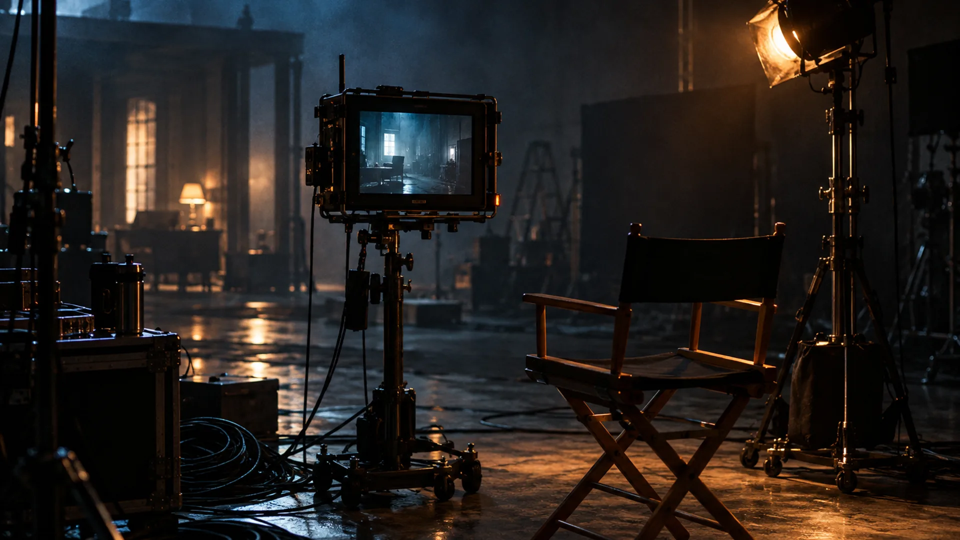 A night film set on a dark soundstage: a director’s monitor glowing on a stand, an empty director’s chair, a warm practical lamp on a light stand, haze in the air