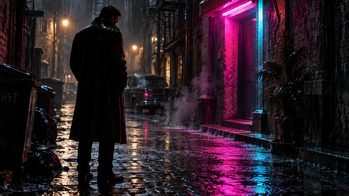 Cinematic noir still: a man in a long coat standing in a rain-soaked alley at night, a single neon sign glowing magenta and cyan above a doorway, wet reflections on cobblestones