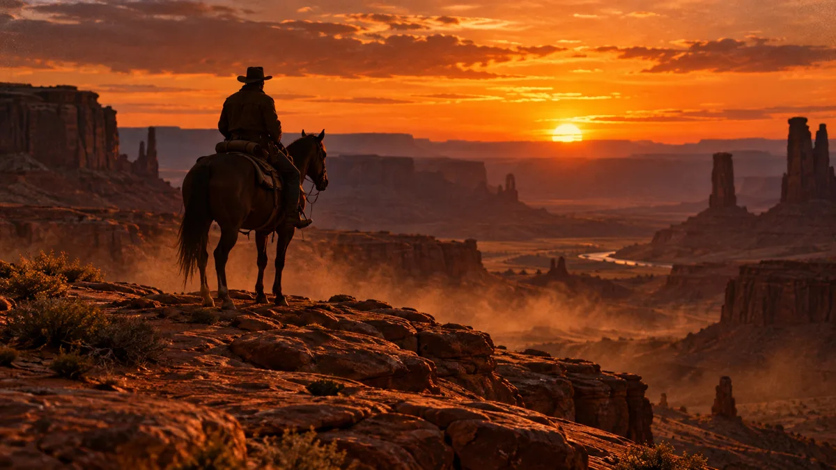 Cinematic western still: a lone rider on horseback in a desert canyon at dusk, warm orange sky behind, long shadows on red rock and dust in the air