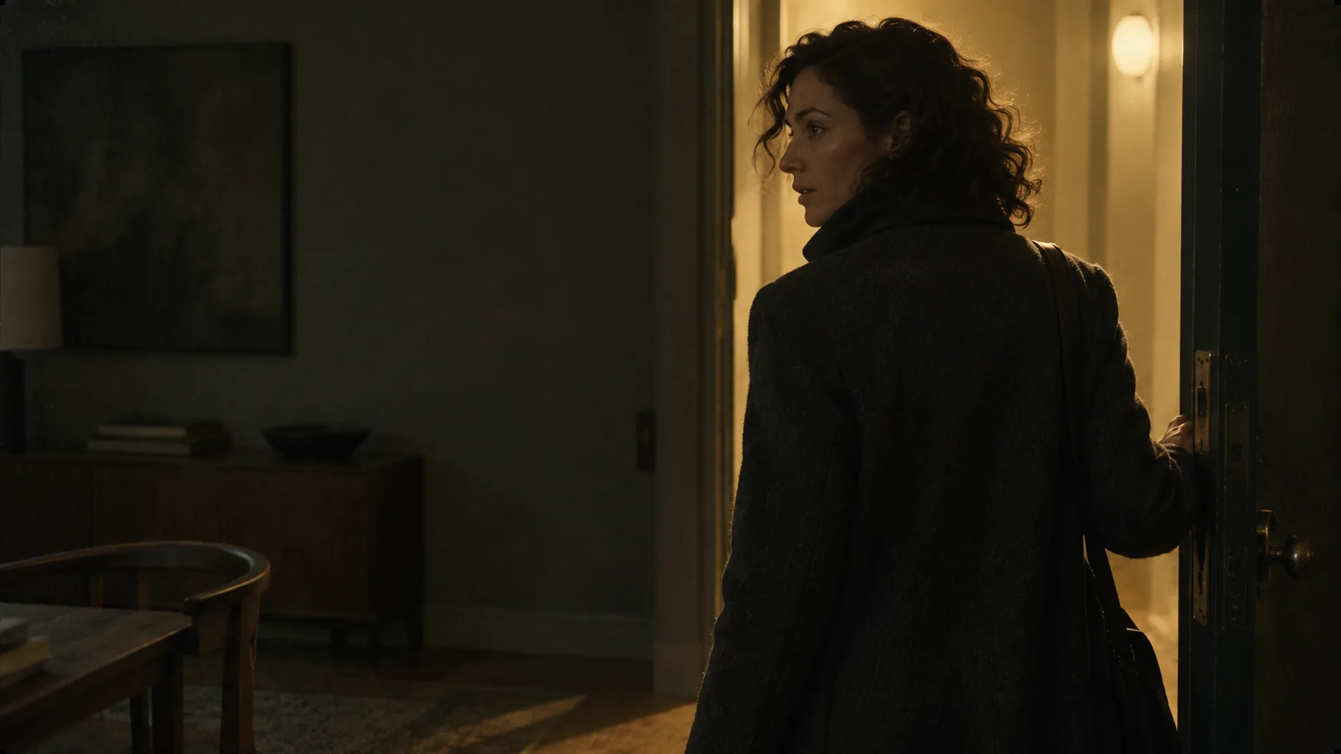 Dim interior with a door swinging open, corridor light spilling across the floor toward a figure in a long coat