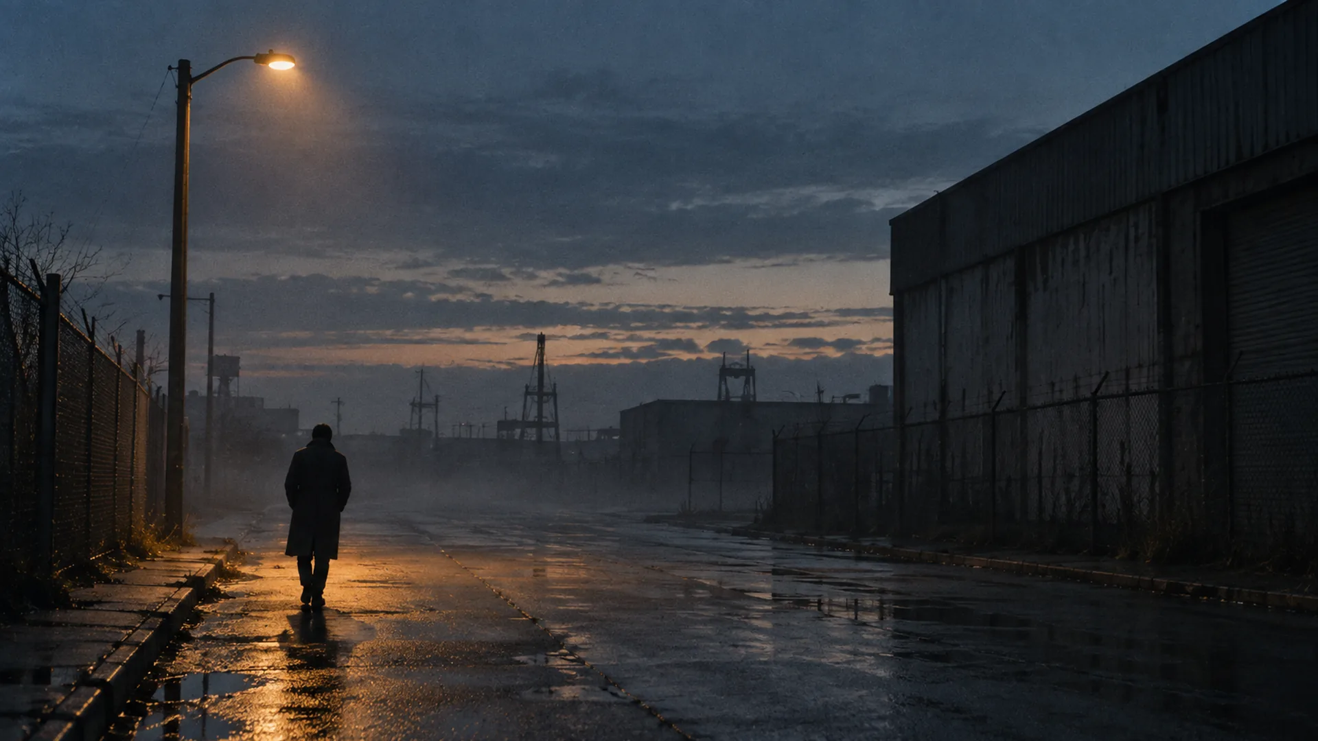 Blue-hour industrial street with wet asphalt and one warm street light, a lone figure walking away