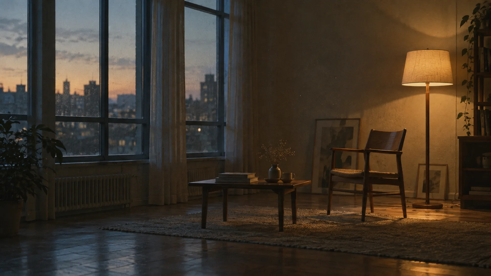 Wide film still of a room at dusk with cold window light on one side and a warm floor lamp on the other