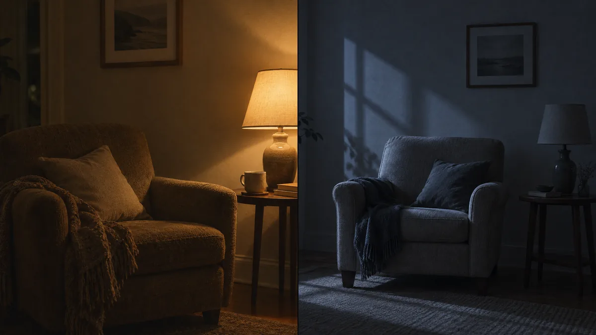 Two panels of the same interior corner: warm lamp light on the left, cold moonlight on the right