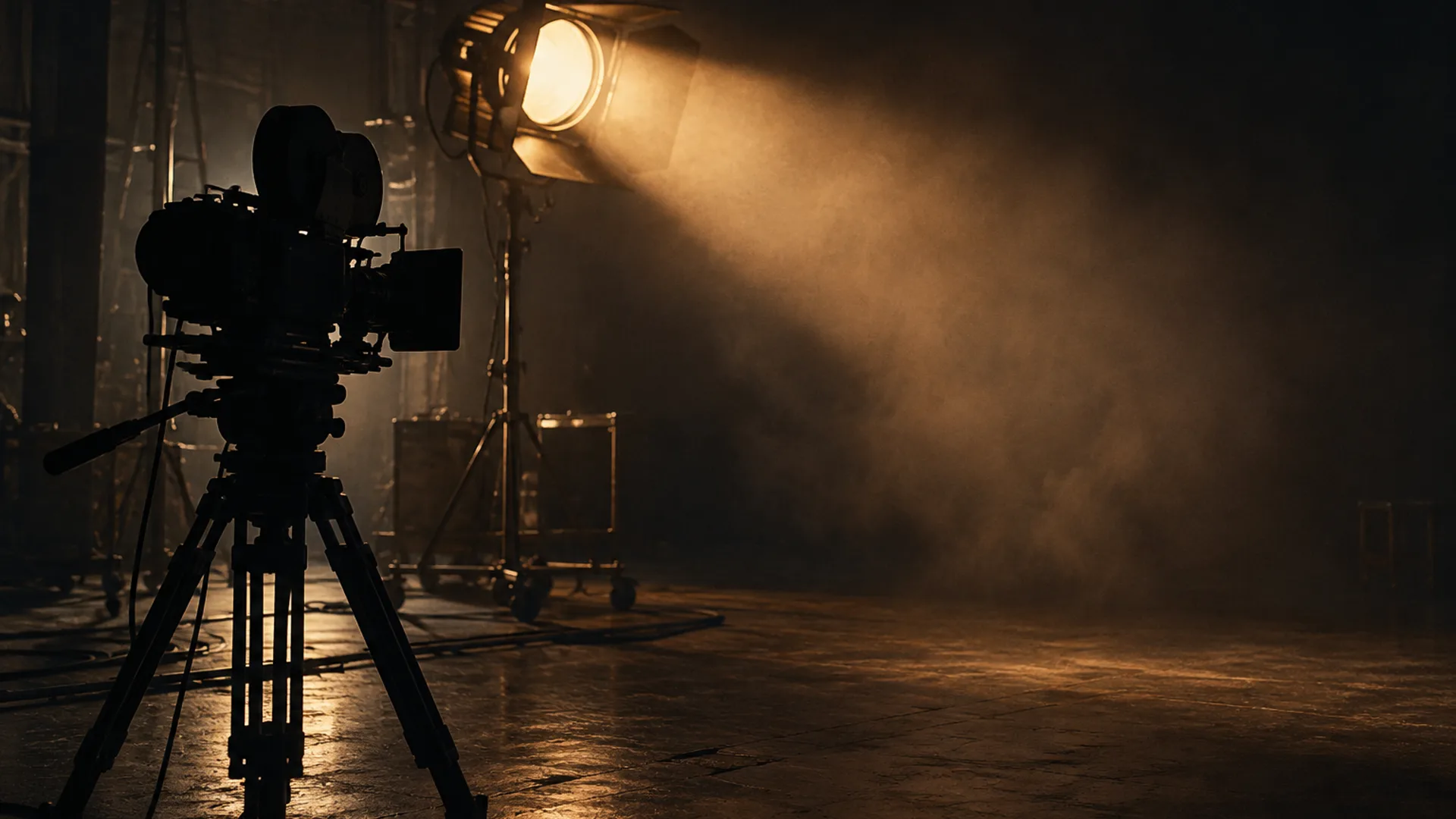 A dark, mostly empty film studio with a single large lamp on a stand casting a warm beam through faint haze, the silhouette of a camera on a tripod in the foreground and deep shadow filling the rest of the frame