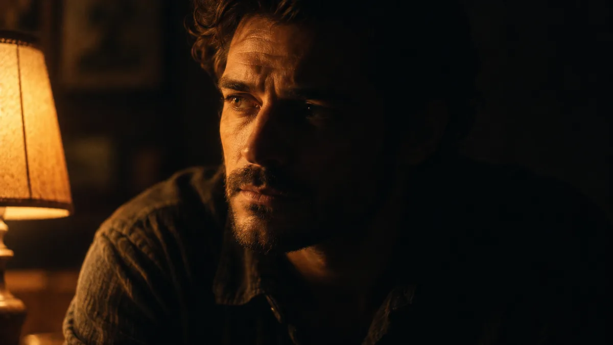 A low-key portrait: a man’s face lit by a single small lamp from frame left, the shadow side of the face falling deep into darkness, warm tungsten colour against a dark background