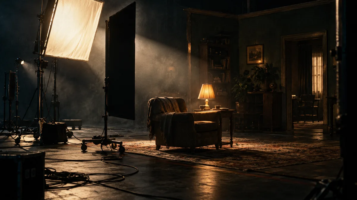 A film lighting setup on a dark stage: a large softbox glowing softly on a stand to one side, a small practical table lamp burning inside the set, a flag cutting part of the beam, cables coiled on the floor and haze in the air