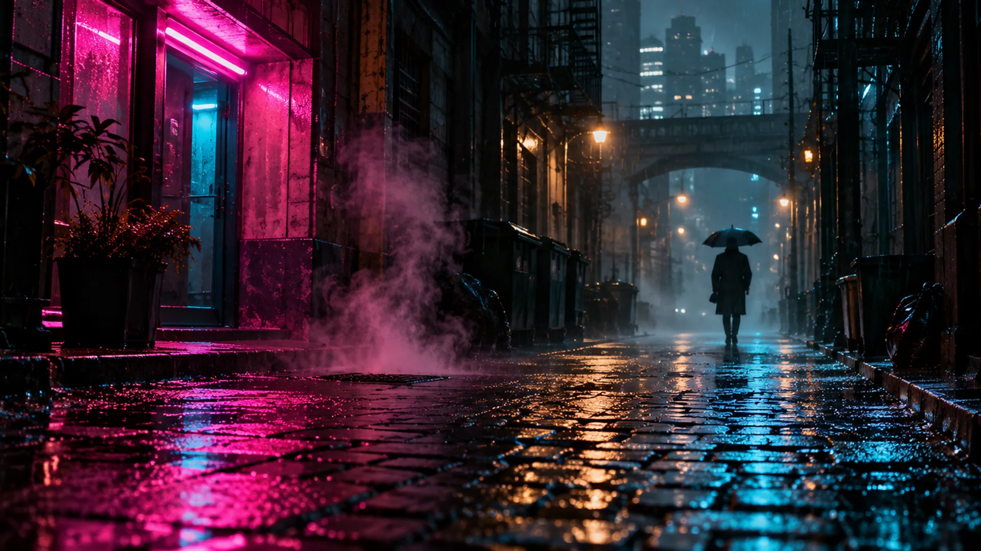 A rain-soaked alley at night with a glowing neon sign spilling magenta and cyan onto wet cobblestones, a lone figure with an umbrella walking away