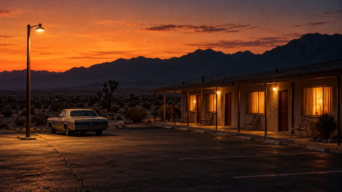A roadside motel at dusk in the desert, warm window lights against a fading orange sky and dark mountains