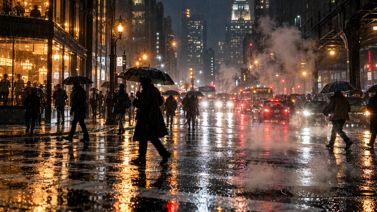 Passers-by with umbrellas crossing a rain-soaked city street at night, headlights and storefront glow smearing across the asphalt