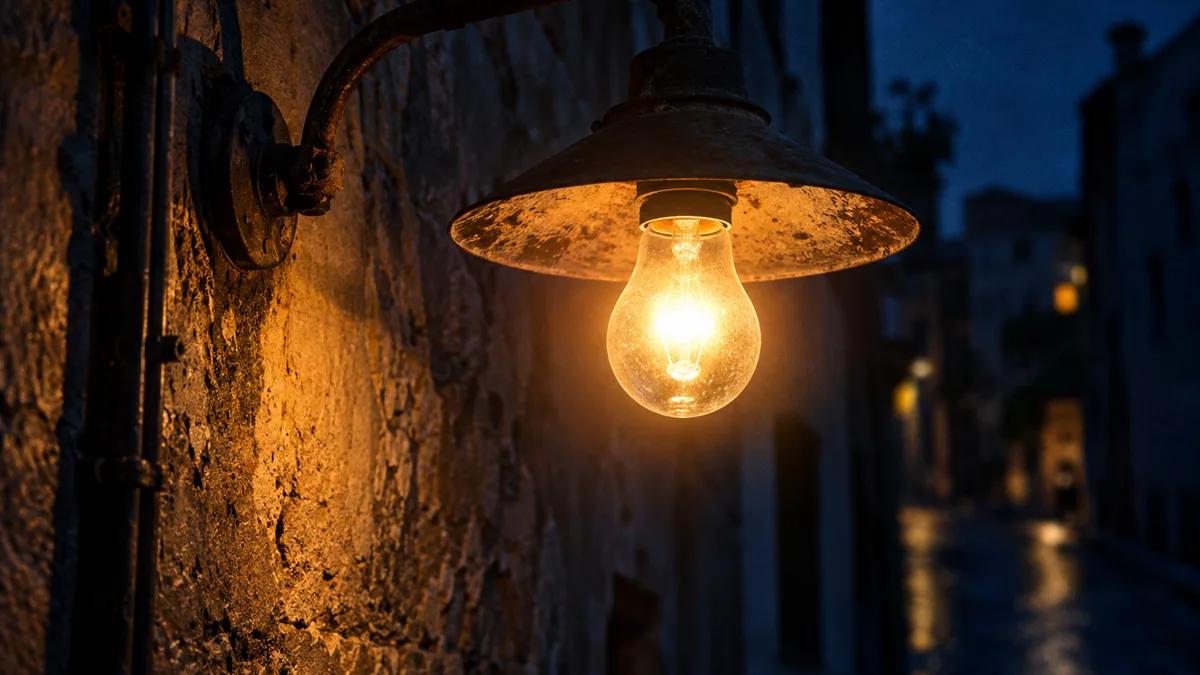 A bare tungsten streetlamp glowing with soft halation bloom at night, fine grain visible across the shadowed wall behind it
