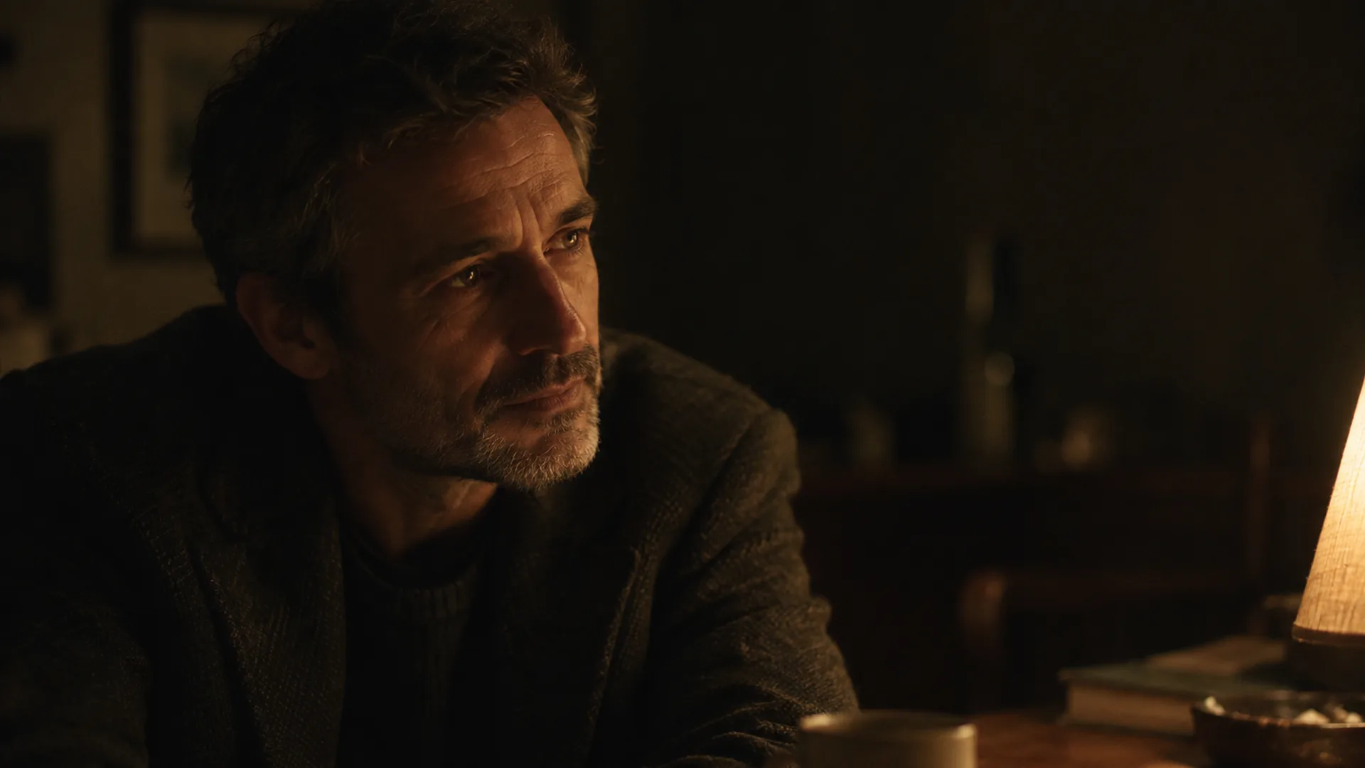 Close film still of a man at a table lit by a single warm lamp, background falling to black