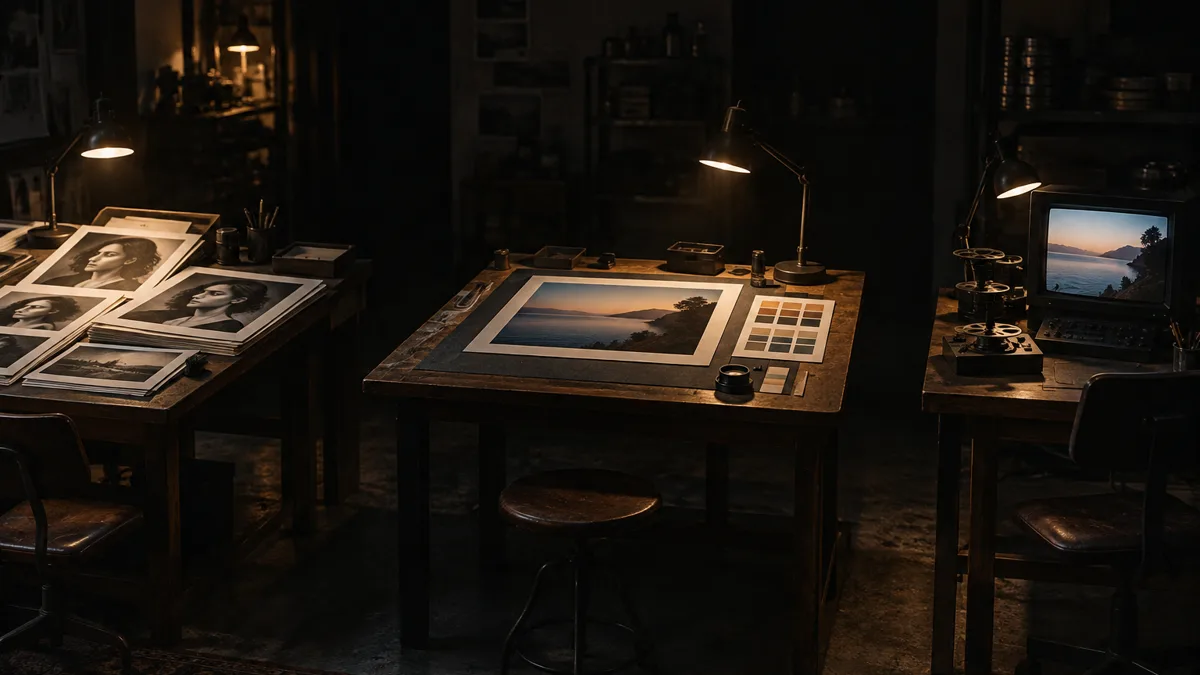 Three dark wood workbenches under warm lamps: one stacked with printed portraits, one holding a single framed still beside rows of colour swatches, and one with a small monitor showing a landscape