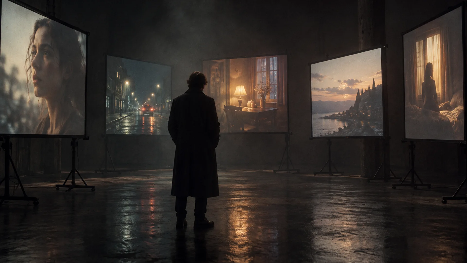 Several small projection screens glowing in a dark gallery room, each showing a different soft cinematic scene, with a lone figure in a long coat standing among them