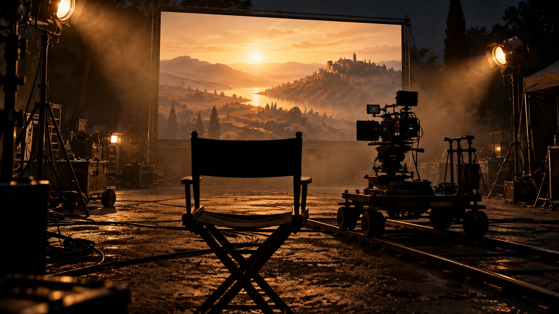 A film set at night seen from behind a lone director’s chair, a cinema camera on a dolly silhouetted against a large glowing screen with haze in the lamp beams