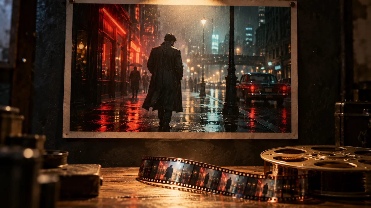 A large cinematic print of a man on a rainy neon street pinned to a dark studio wall, a film reel and a strip of film resting on the wooden table below it