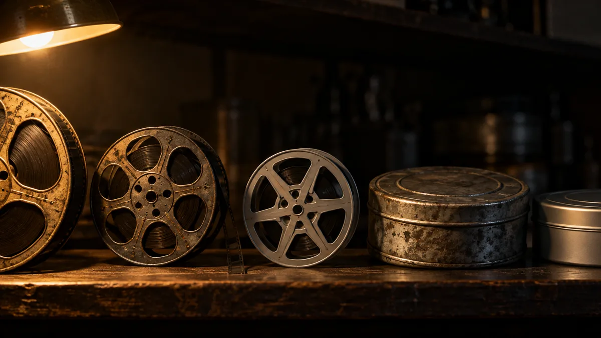 Five film reels and canisters of different ages in a row on a dark shelf under a single warm lamp