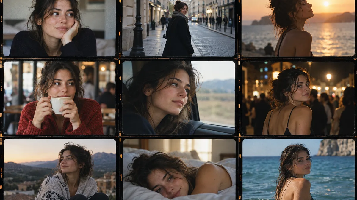 A tight grid of nine film frames of the same woman — candid portraits, street shots and detail frames — with a consistent face and mixed warm and cool light