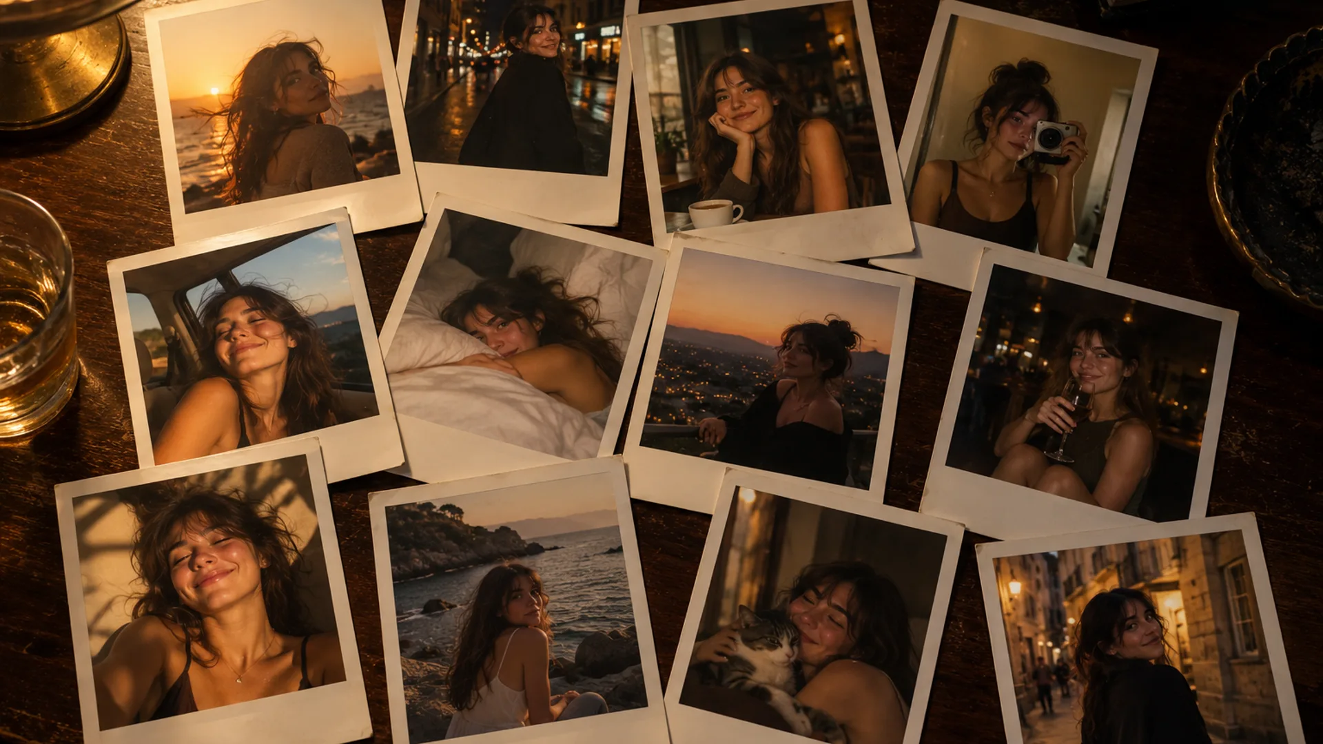 A dozen instant-print photographs scattered across a dark wooden table in warm lamp light, the same young woman across candid moments
