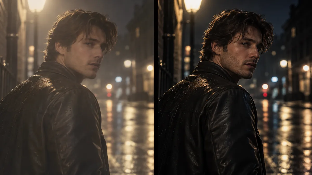 The same night portrait rendered twice and placed side by side, showing a softer previous-generation frame against a sharper new one