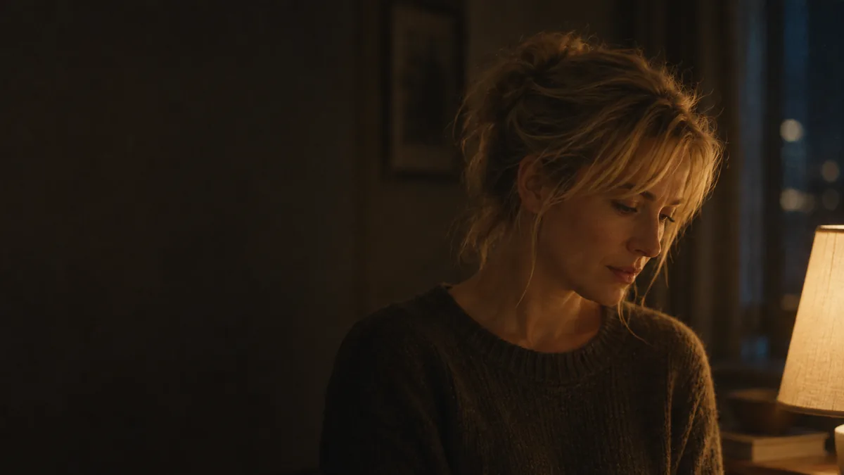 Film still of a person lit by a warm practical lamp, deep shadows behind them