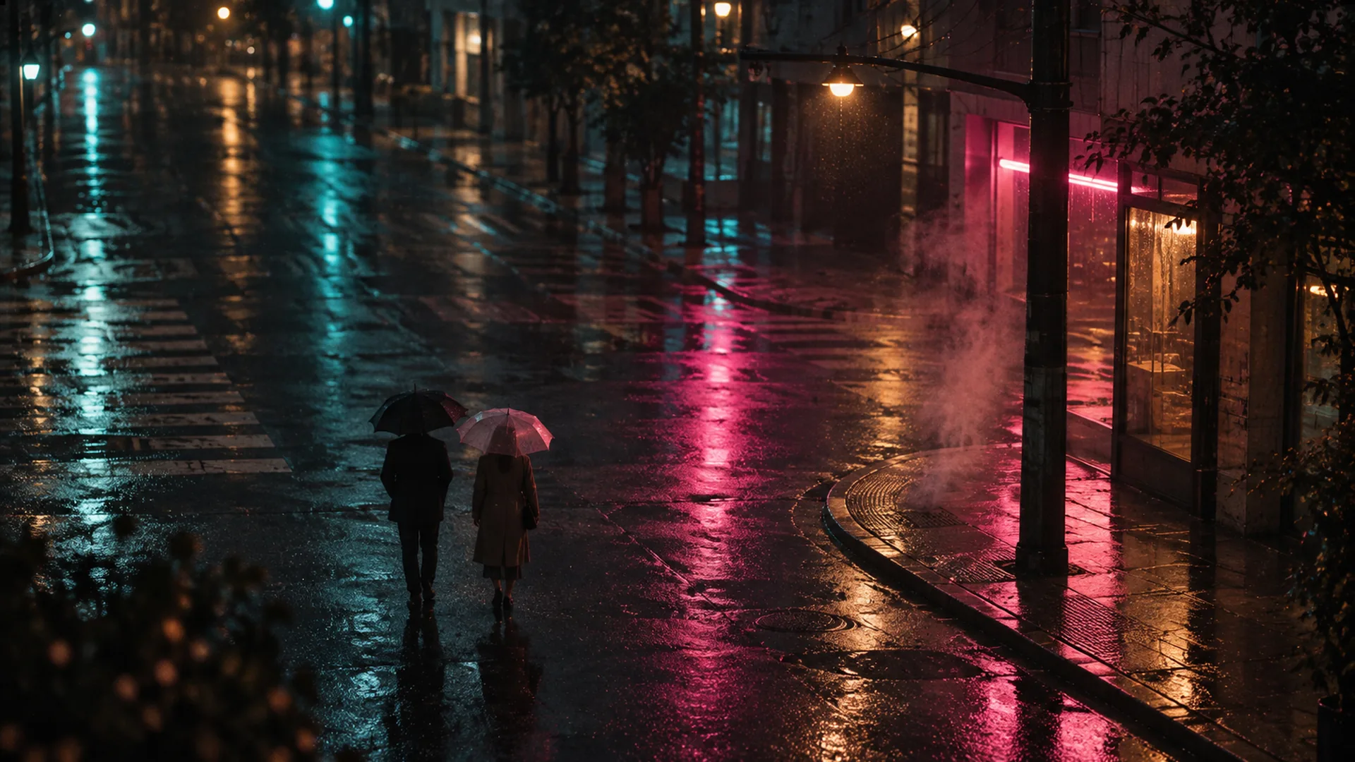Rain-soaked neon street corner at night, two distant figures walking away