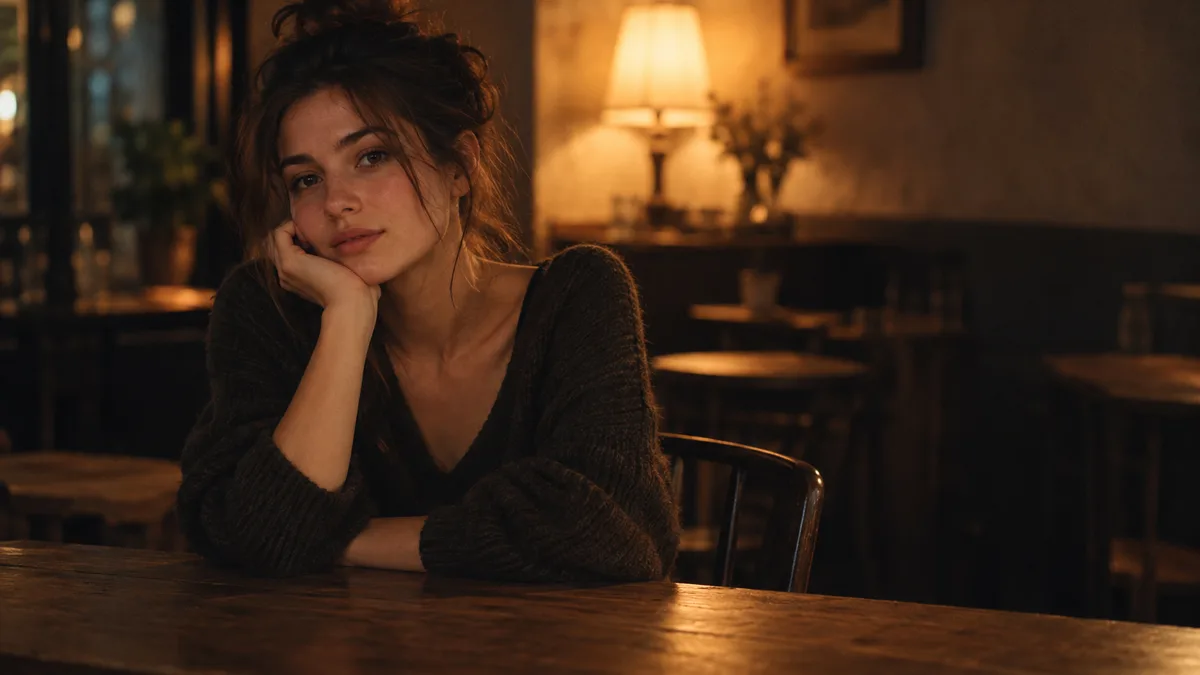 A young woman at a cafe table lit by a single warm lamp behind her, clean composition with generous negative space