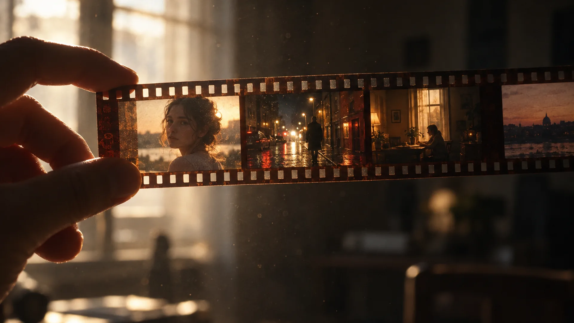 A hand holding a strip of 35mm film up against window light, the frames backlit and glowing with small scenes inside them