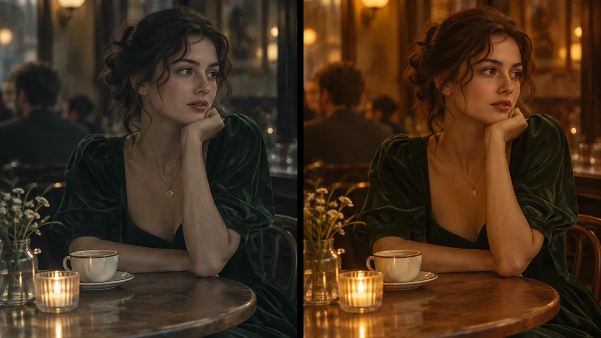 The same woman at the same cafe table shown twice, once with a muted cool colour cast and once with a rich warm palette