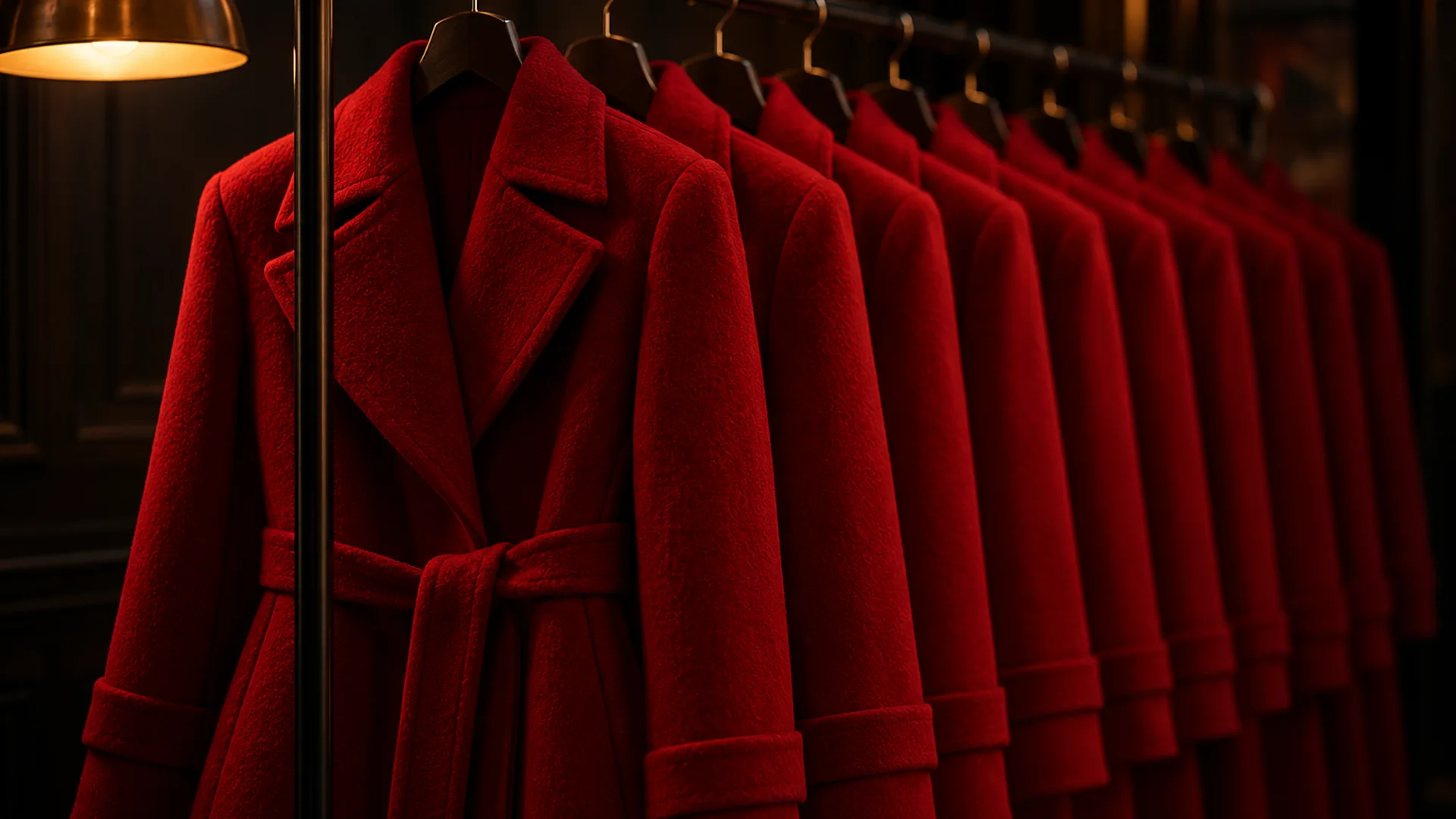 A wardrobe rack of deep red coats in a dark room, lit by a single warm lamp, the red identical across every garment