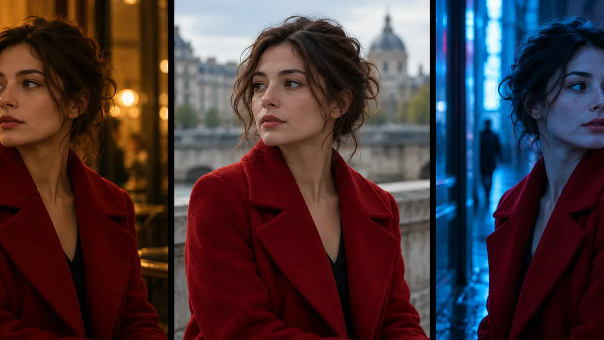 Three frames of the same character in a deep red coat under warm, neutral and cold lighting, the coat colour identical in all three