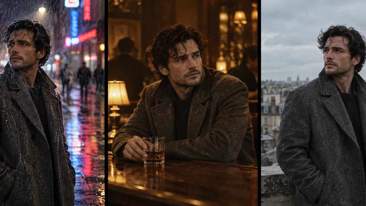 Three film stills of the same man in the same long grey coat — in night rain, at a warm bar and on an overcast rooftop — shown side by side