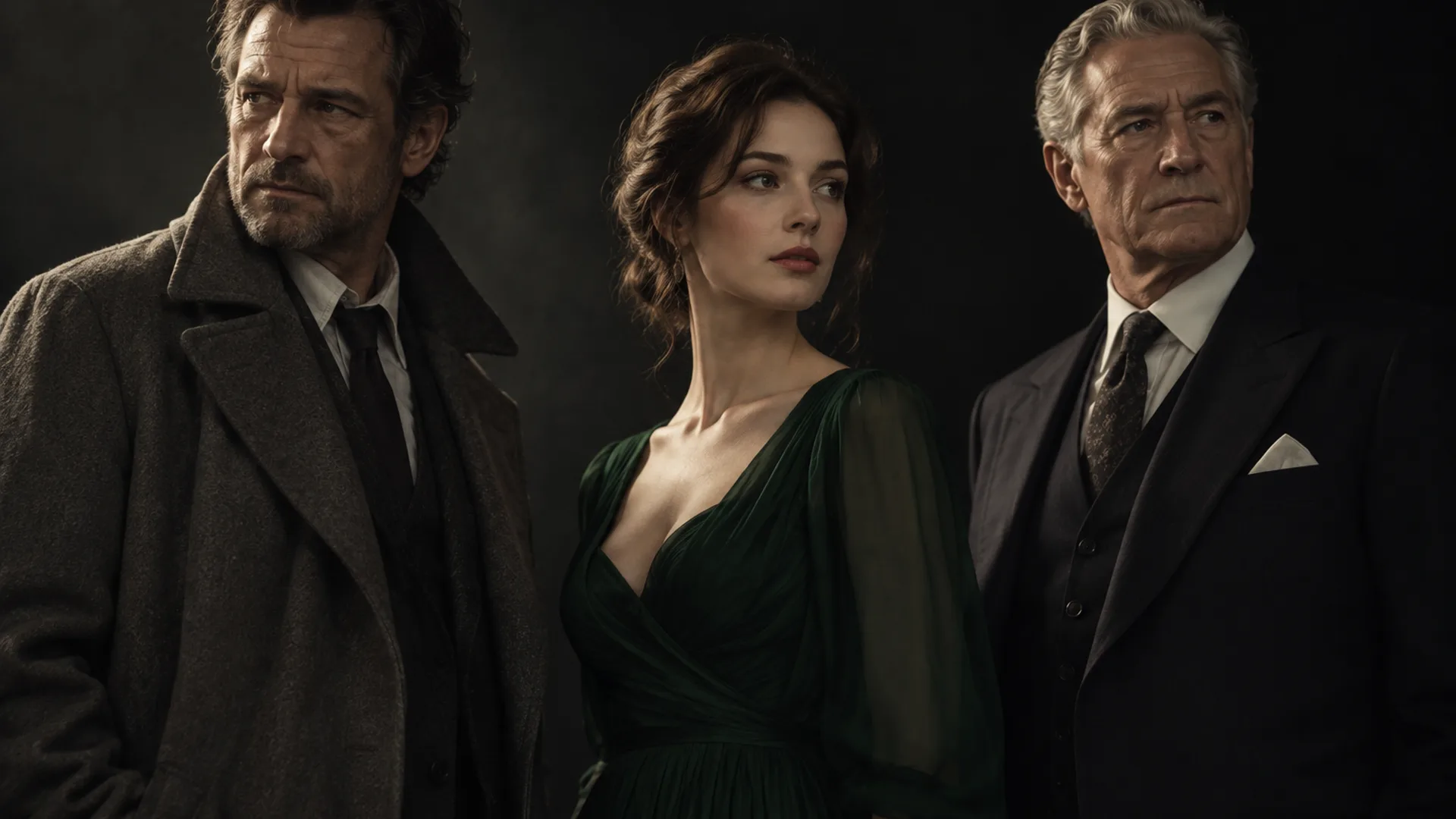 Three characters standing side by side in a dark studio, each held by a single soft key light of their own