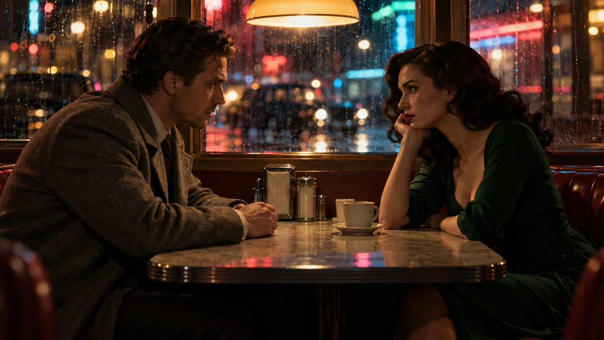 Two characters facing each other in a late-night diner booth, a warm lamp above the table and neon bleeding through the rain-streaked window