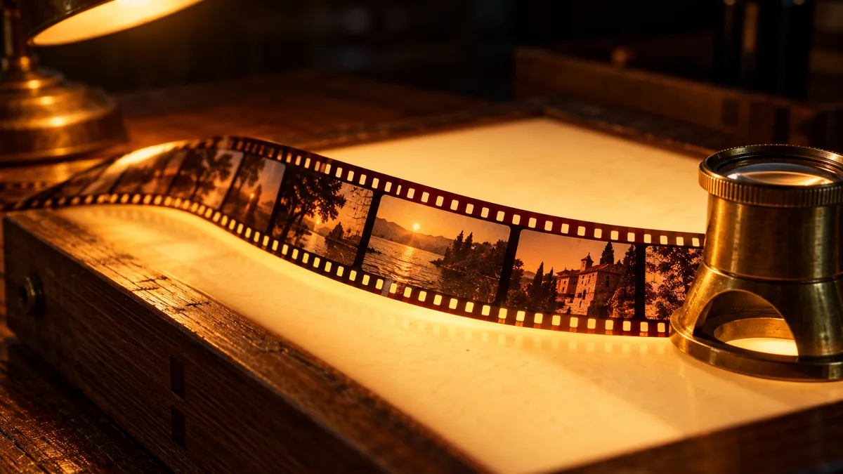 A strip of 35mm film glowing on a wooden light table with a brass loupe resting at its edge
