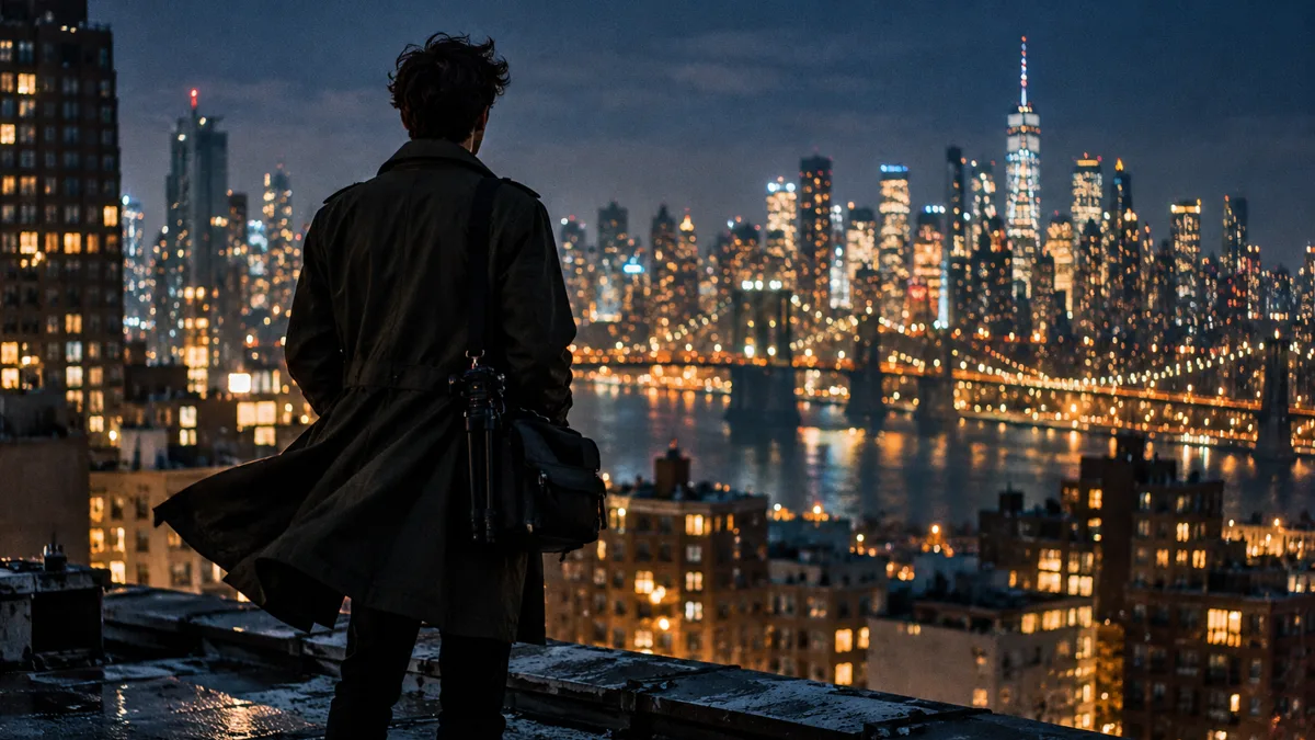 A filmmaker on a rooftop at night with their back to the camera, looking out over a glowing city skyline