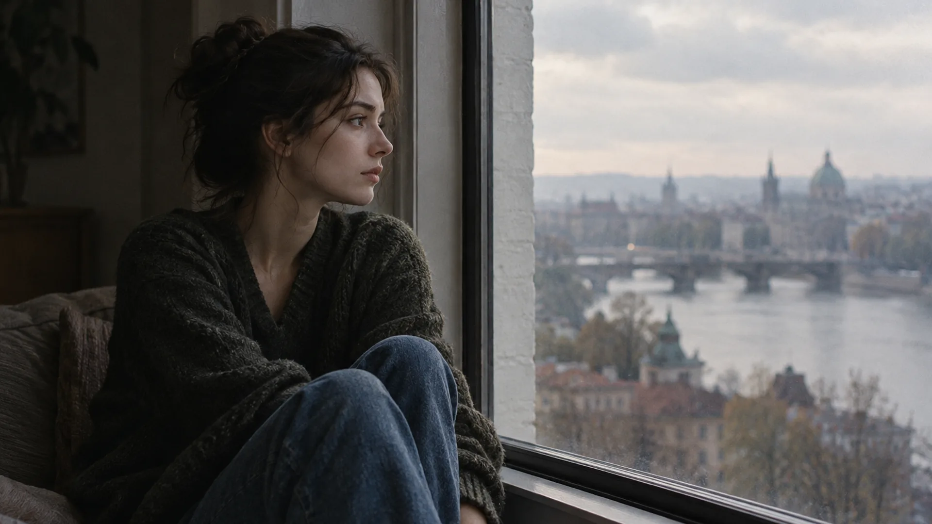 A young woman seated by a large window in soft overcast daylight, the interior falling into gentle shadow behind her