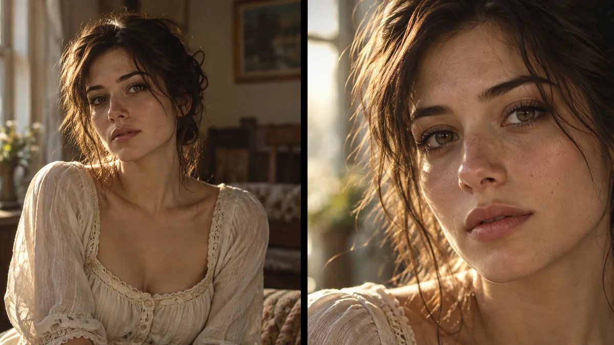 Two frames of the same woman in the same warm interior under the same window light — a medium shot and a close-up, only the framing changed