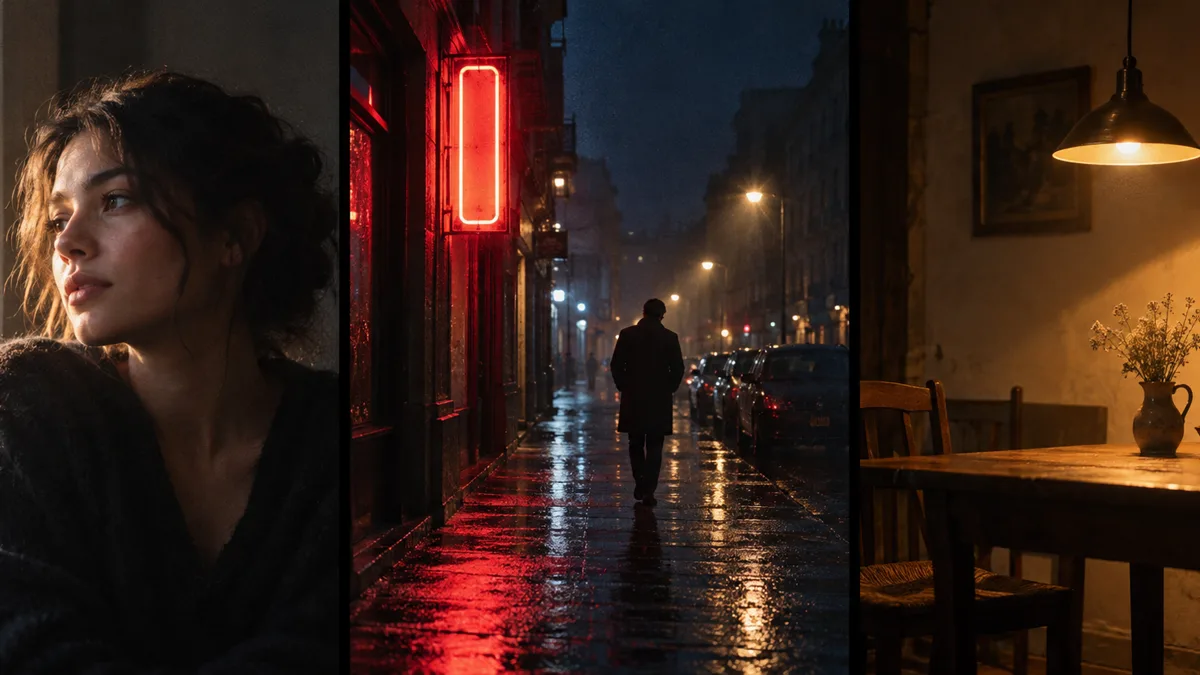 Three simple first setups side by side — a portrait by soft window light, a night street with one bare neon sign, and a warm interior lit by a single lamp