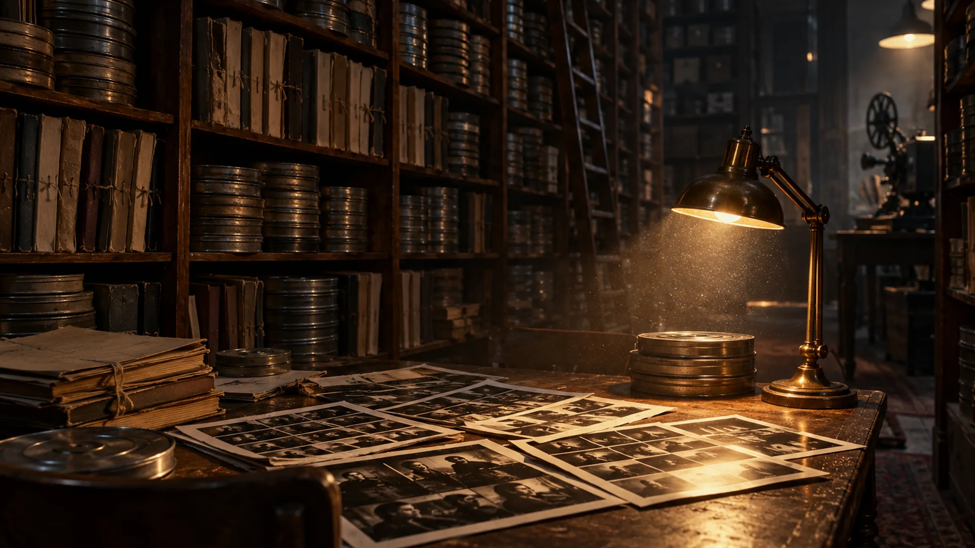 A dark film archive room: tall shelves of film canisters and bound screenplays, contact-sheet prints fanned out on a reading table under a warm brass lamp, dust visible in the light