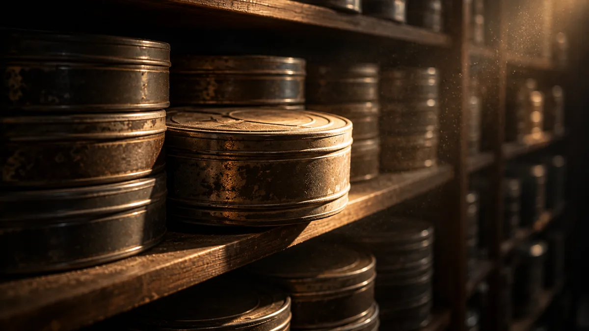 Rows of film canisters on a dark shelf, one canister pulled slightly forward into a warm pool of light, the rest falling into deep shadow