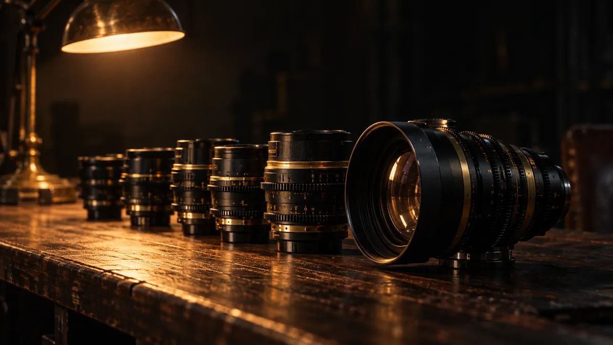A row of cinema lenses of different lengths lined up on a dark wooden table under a single warm lamp, black metal and brass glinting, everything beyond the lamp falling into deep shadow
