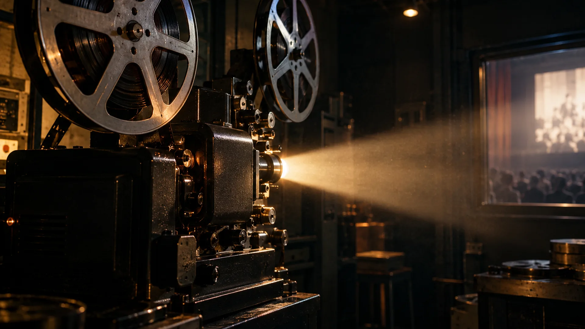 Inside a dark projection booth: a large cinema projector running, its warm beam cutting through faint haze toward the screen, film reels glinting on their arms and deep shadow around the machine