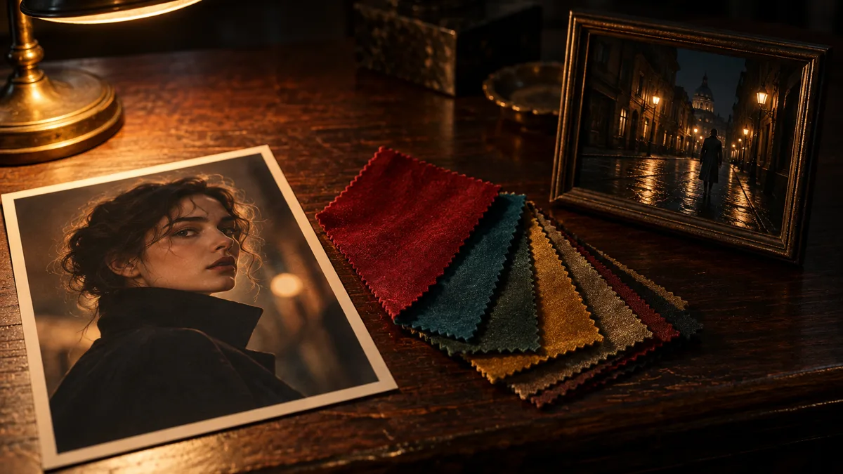 A printed cinematic portrait, a fan of colour swatches in crimson, teal and ochre, and a small framed night street still arranged on a dark table