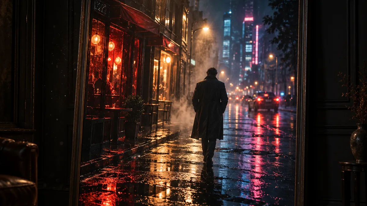 A framed cinematic print of a figure walking a rainy neon street at night, leaning against a dark gallery wall under a single warm spotlight