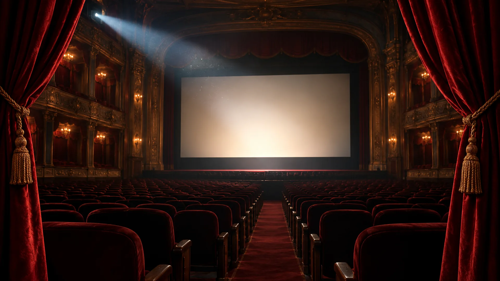 A grand dark theatre before a premiere — deep red curtains, rows of empty seats and a softly glowing screen