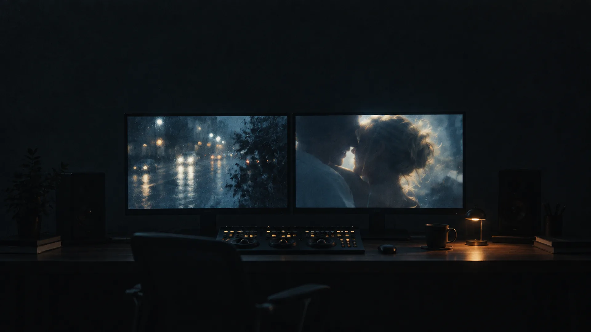 Dark colour-grading suite at night with two glowing monitors and a control surface