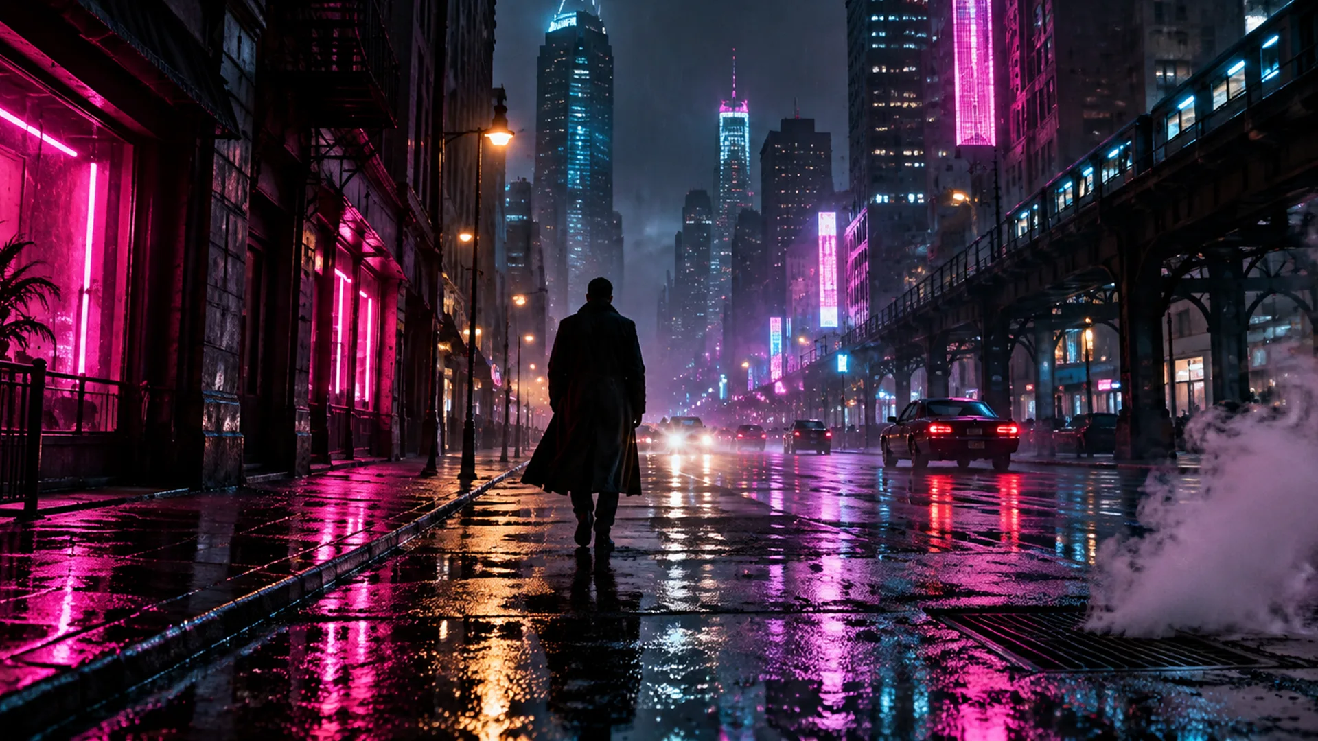 Rain-slicked neon street at night with a lone figure crossing, magenta and cyan reflections in the wet asphalt