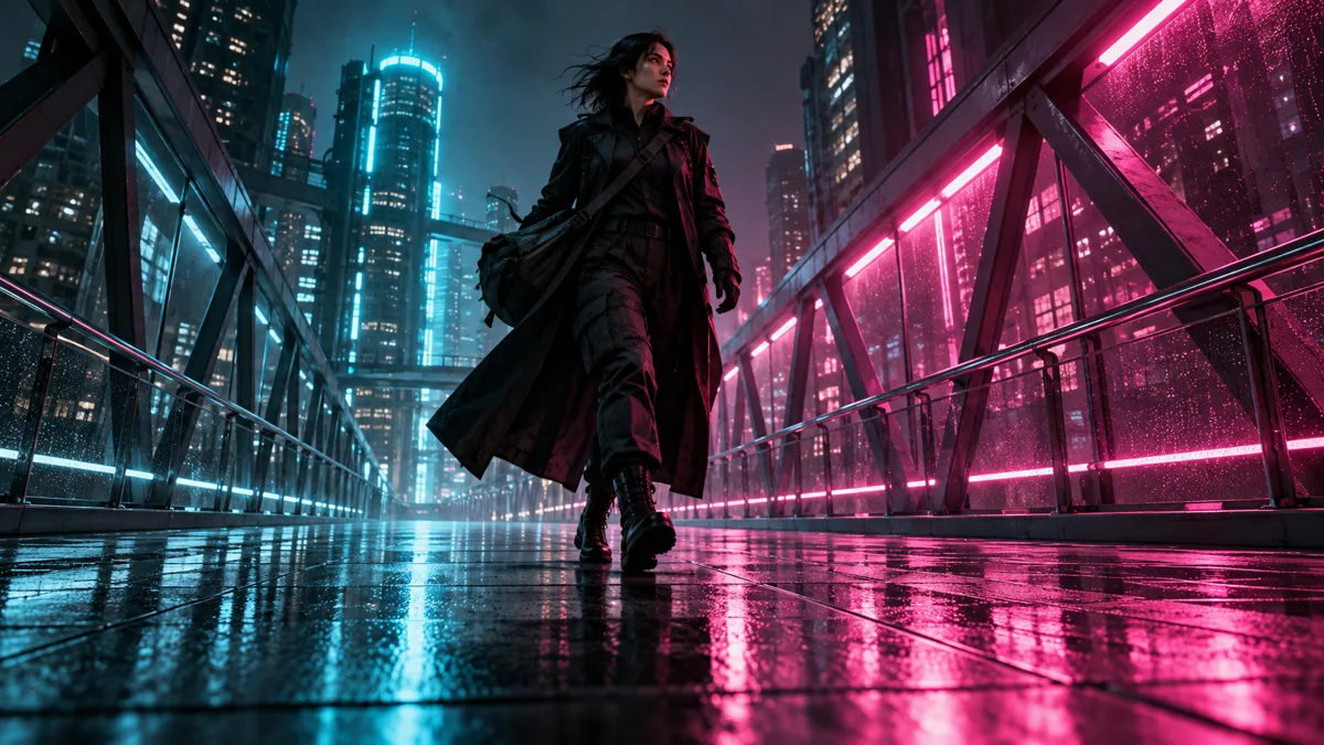 A lone courier crossing a wet skybridge at night, magenta key light and cyan rim light reflecting off brushed steel